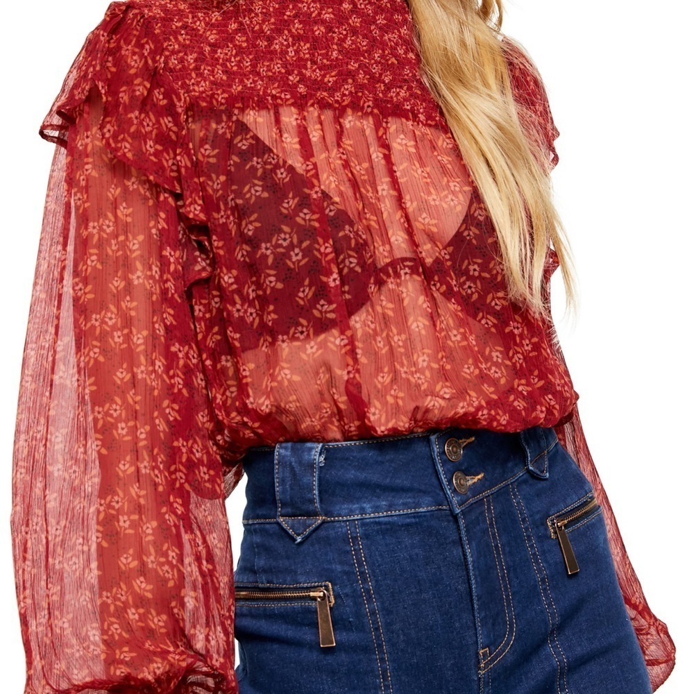 Free People Red Roma Blouse Sheer Floral Long Sleeve with Keyhole Back Small - Picture 5 of 15
